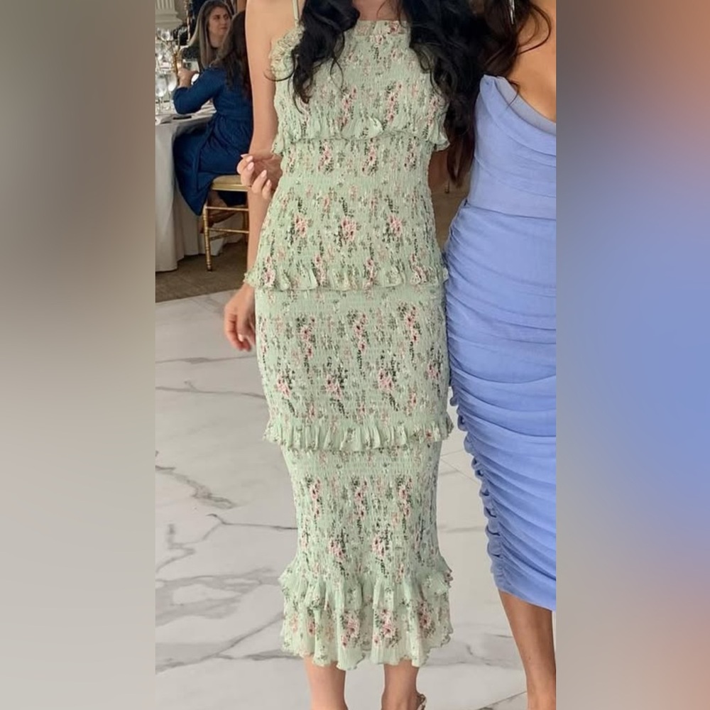 Floral ruffle smocked sage green Dress